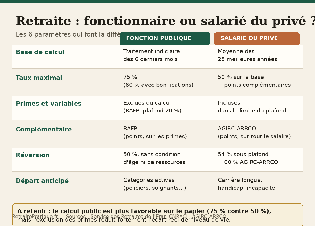 Comparatif retraite fonctionnaire et salarié du privé : base de calcul, taux, primes, complémentaire, réversion et départ anticipé en 2026
